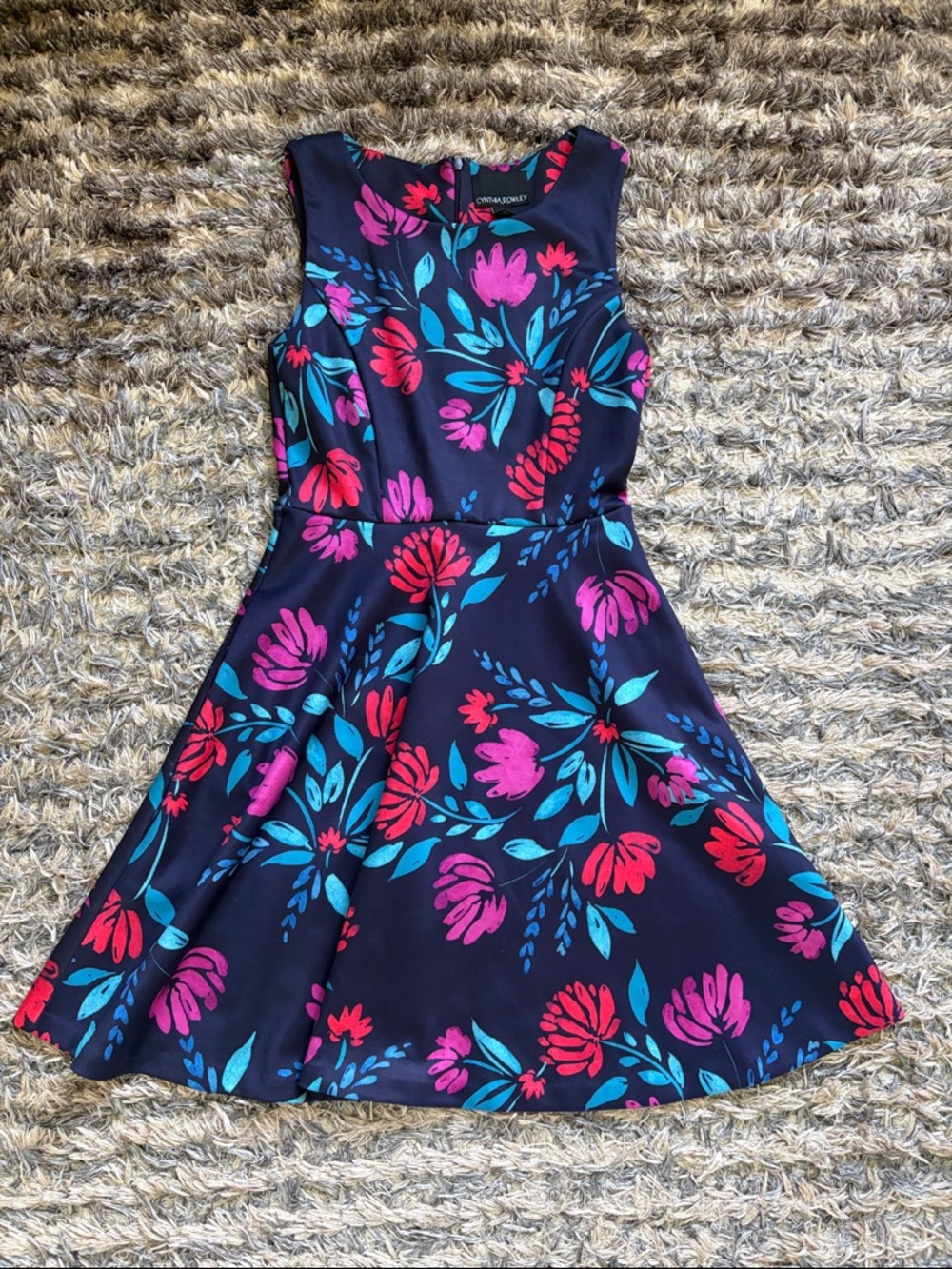 Cynthia Rowley Navy Floral Fit & Flare Dress with Pink & Teal Blooms size 0